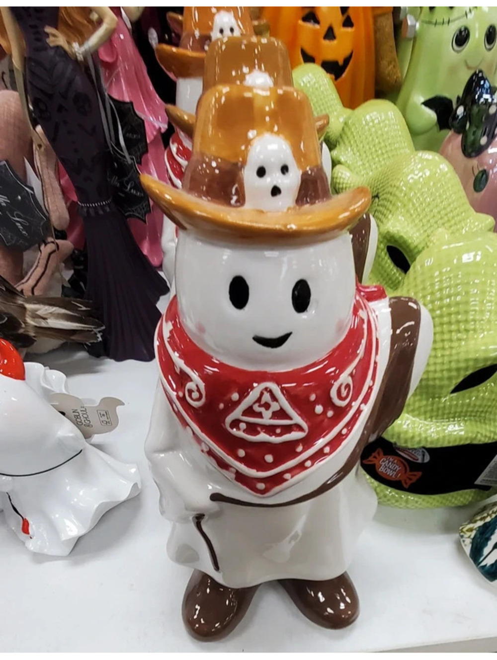 Ghost Cowboy Ceramic Halloween Decor Figurine Red Bandana Cowboy Hat